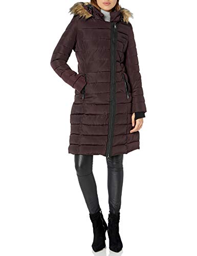 Nanette Lepore Women's Long Asymmetric Puffer Coat with Hood, Fig, Large