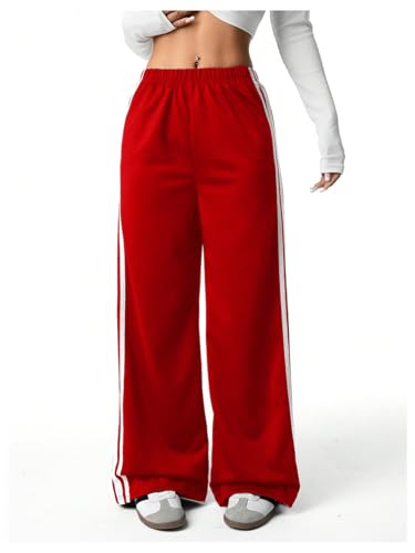 Verdusa Calça atlética feminina listrada de perna reta casual para treino, Vermelho, 16 Anos