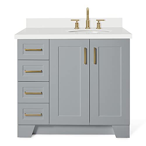 Ariel 37" Inch Gray Bathroom Vanity W/ 1.5" Thick Edge Pure White Quartz Countertop W/Back & Sidesplash | Right Offset| Oval Sink | 2 Soft-Closing Doors 5 Full Extension Dovetail Drawers | No Mirror #TOP23