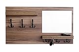 Schlüsselbrett mit 2 Regale und Spiegel - Wandorganizer mit 6 Schlüsselhaken - Schlüsselkasten Modern 90x50 cm - Wandgarderobe Wandboard für Flur, Büro, Wohnzimmer (Walnuss)