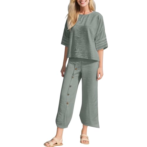 Tenues 2 pièces en coton et lin vert XL, l'élégance naturelle au quotidien