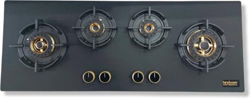 Image of Hindware Ivana 4B 100CM | Dual Brass Burner | FFD | Gold Metallic Knobs | Matt Glass | Stainless Steel Automatic Hob (4 Burners)