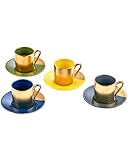 Classic Coffee & Tea Solid Espresso Cups & Saucers (Set of 4) by Yedi Houseware | 2 ½ oz Porcelain In Stylish, Pastel Colors with Gold Plated Rims & Handles for an Authentic, Italian Café Feel