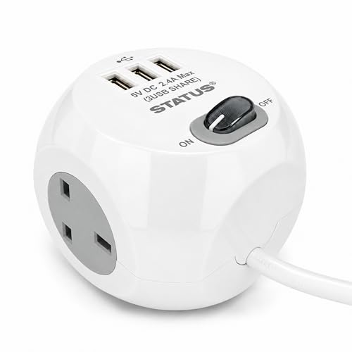 Status White Cube Socket | 3 Way Cube with 3 USB Adapter Socket | 1.4m Extension Lead | S3W1.4M3XUSB1PK6