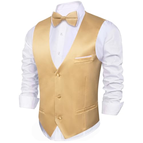 Image of Barry.Wang Mens Suit Vest Bow Tie Set 4PCS Formal V-neck Slim Fit Casual Solid Color Waistcoat Wedding Party Tuxedo