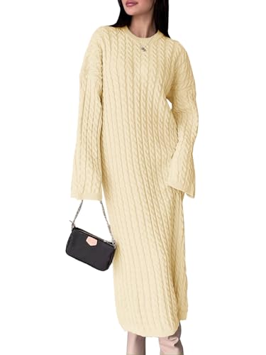 Saodimallsu Womens Oversized Cable Knit Sweater Dress Drop Shoulder Long Sleeve Loose Fall Midi Pullover Sweater Dresses