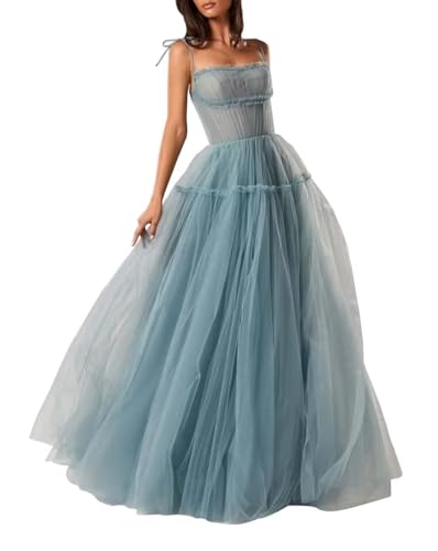 Women's Ball Gown Spaghetti Square Neck Tulle Prom Party Dress Floor Length Sleeveless Flowy A-line Evening Dress