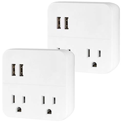 Cordinate 2 Outlet Extender, 3 Prong, Compact Adapter, Station, 2.1A USB Ports, Fast Charge for Devices, Easy Access Design, 2 Pack, White, 56162