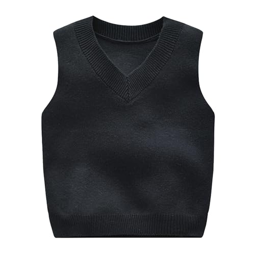 Yishengwan Maglioni Senza Maniche Bambini Maglione Gilet in Maglia a Tinta Unita con Scollo V Nero 3-4 Anni