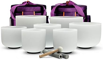 TOPFUND Chakra Tuned Set of 5 Color Crystal Singing Bowls 8-12 inch with Heavy Duty Crystal Singing Bowl Carrying Cases Singing Bowl Rubber Mallet and Suede Strikers O-rings