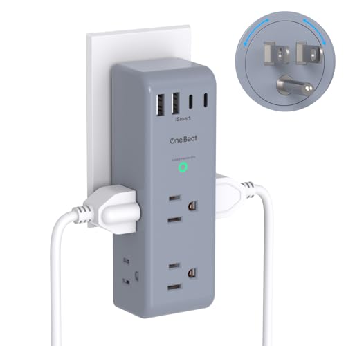 Image of Surge Protector Outlet Extender - with Rotating Plug, 6 AC Multi Plug Outlet with 4 USB Ports (2 USB C), 1800 Joules, 3-Sided Swivel Power Strip with Spaced Outlet Splitter for Dorm, Office, Grey