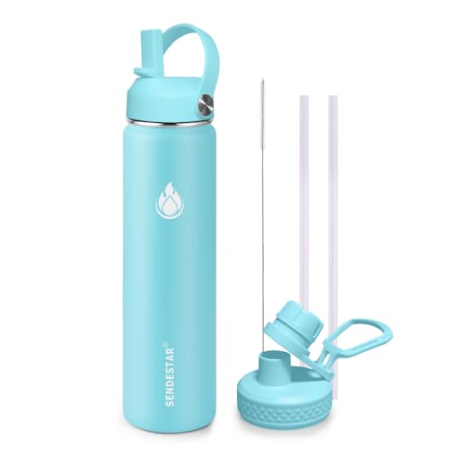 Image of SENDESTAR Stainless Steel Wide Mouth Water Bottle 24oz Double Wall Vacuum Insulated Leak Proof Bottle with New Flex Straw Lid & Spout Lid