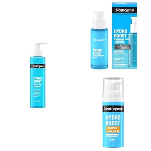 Neutrogena Hydro Boost 3-Step Skincare Bundle with Water Gel Cleanser (200ml), Ultra-Hydrating Serum (30ml), and Hydrating Fluid SPF 50 (50ml), with Hyaluronic Acid for All-Day Hydration