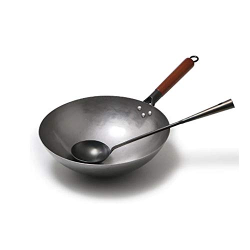 Wok grande tradicional chino de hierro con mango de madera miniatura 1