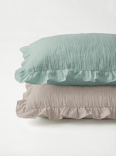 Image of Toddler Pillowcases for 13 inchx18 inch Pillow 2 Pack, Muslin Small Toddler Baby Kids Travel Pillow Covers for Boys Girls with Envelope Closure (Beige & Sage-Ruffled, 13 x 18 Inch)