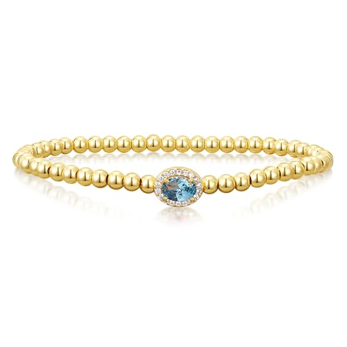 Turandoss Girlfriend Sister Gifts – Birthday Gifts for Girlfriend Her, Personalized 14K Gold Plated Oval Charm Created Aquamarine March Birthstone Beads Bracelet for Women Jewelry