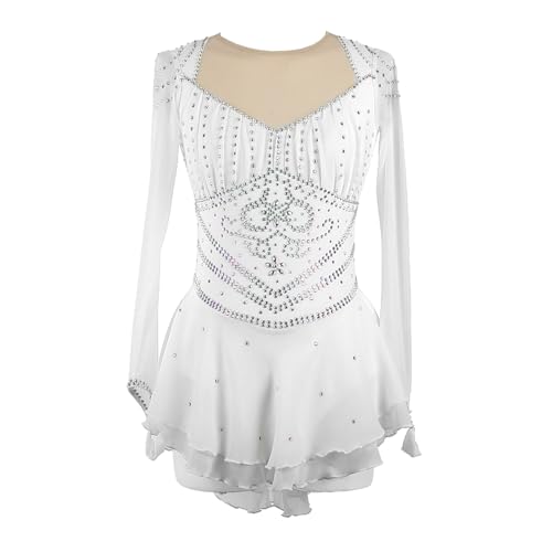 Ice Figure Skating Dress for Girls Elegant Women Breathable Competition Dance Clothing with Shiny Rhinestone(White,Medium)