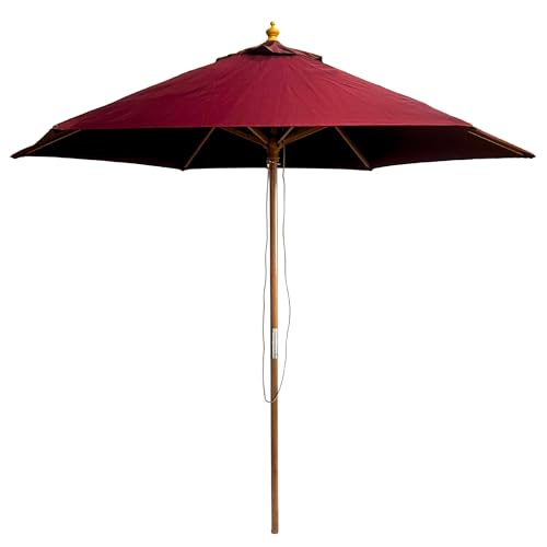 BrackenStyle Wooden Garden Parasol – 2.5m Canopy Pully Operated and Machine Washable Garden Umbrella (Burgundy)