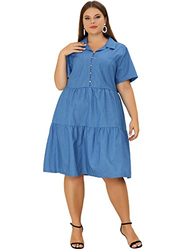 Image of Agnes Orinda Plus Size Chambray Dress for Women Short Sleeve Button Down Flowy Tiered Shirt Dresses