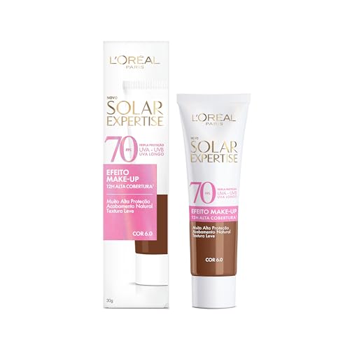 L'Oréal Paris Solar Expertise Efeito Makeup FPS 70, Protetor Solar Facial com Cor e Alta Cobertura de Base por 12H, Previne Rugas e Manchas, Cor 6.0, 40g