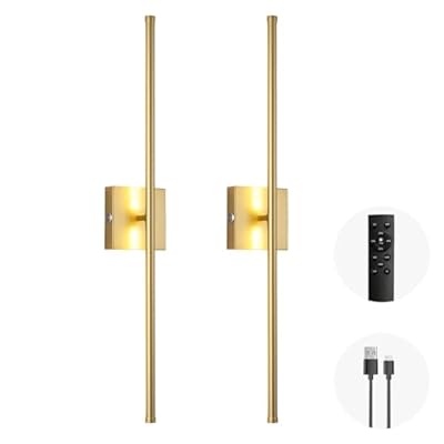 LED Wireless Wall Sconce with Remote Control (Set of Two), USB Rechargeable Battery Powered Indoor Wall Lamps, Dimmable, 360° Rotate,Timing, 28.3 inch Gold Wall Lights for Hallway/Living Room/Bedroom