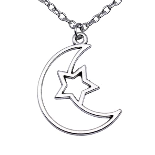 Collier pendentif lune et étoiles vintage en métal argenté de 37x25mm pour femmes et hommes