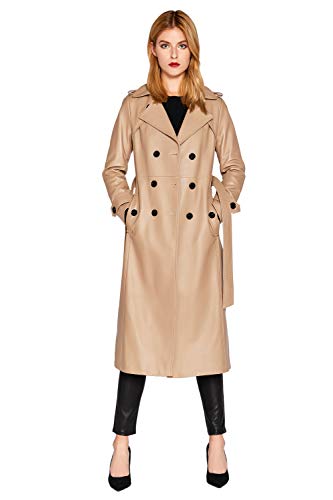 Women's Leather Trench Coat Lambskin Double Breasted Long Jacket Coat Camel