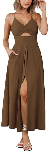 BTFBM Women 2025 Summer Spaghetti Strap Midi Dress Sleeveless V Neck Cutout Slit Casual Beach Party Maxi Dresses Pockets