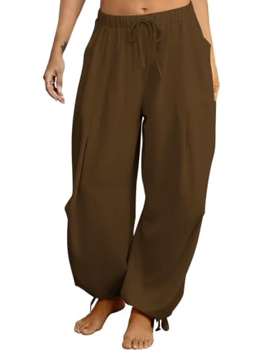 Image of Women's Linen Balloon Barrel Beach Pants Boho Harem Flowy Drawstring Casual Loose Pants with Pockets