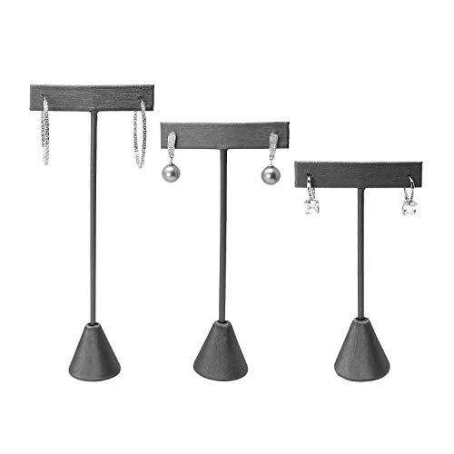 Ikee Design 6pcs Set Steel Grey Leatherette Earring T Stand Display Set with 3 Different Heights, T Shape Jewelry Earring Showroom and Tradeshow Showcase Displays, 4.5 H in; 5.75 H in; 6.75 H in