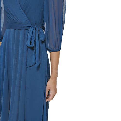 Image of DKNY Women's Chiffon Balloon Sleeve Faux Wrap Midi Dress with High-Low Hem