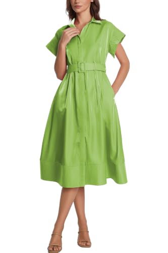 Image of Ladyful Women Casual Button Down Shirt Dress Short Wing Sleeve Buiness Midi Shirt Dress with Belt Elegant Dress
