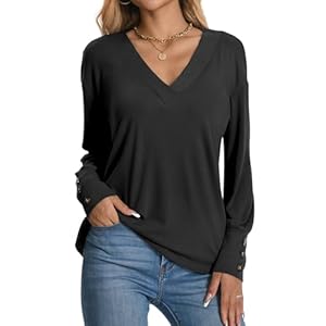 Women’s 2024 V Neck Buttons Down Long Sleeve T Shirts Casual Loose Tops Fall Fashion Basic Blouses