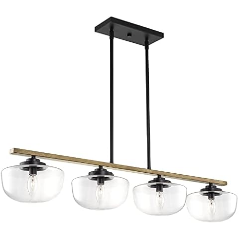 Kira Home Grove 38" 4-Light Modern Farmhouse Kitchen Island Light + Schoolhouse Style Glass Shades, Smoked Birch Wood Style + Black Finish Cover