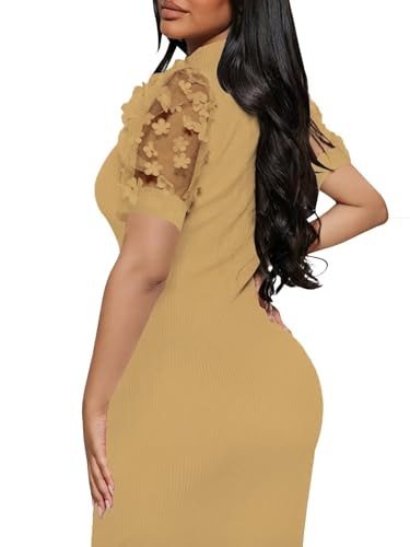 Image of Annystore Bodycon Chunch Dress for Women Summer Puff Lantern Bishop Short Sleeve Dress Mesh Lace Mock Neck Elegant Cocktail Dress Midi Dress Yellow M