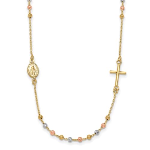 14K Tri-Color Gold Sideways Cross Beaded Rosary Style 18 inch Necklace