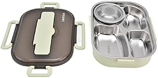 Fyearfly 4 Compartment Bento Lunch Box, Portable Kids 304 Stainless Steel Lunch Box 1.3L Four Compartment Bento Box with Soup Bowl Chopsticks Spoon for Adults and Children (green)