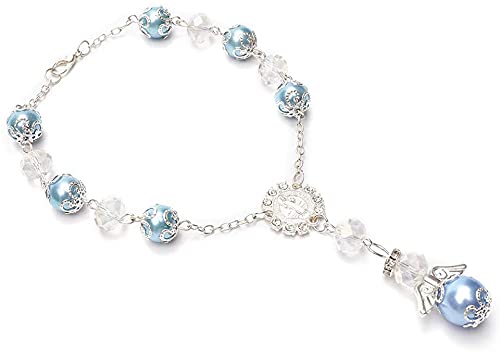 Alitaver 12 Pcs Pearl Bracelets Rosary for Girls and Boys With Angel Charm Catholic Baptism Christening Wedding Shower Birthday Party Favor