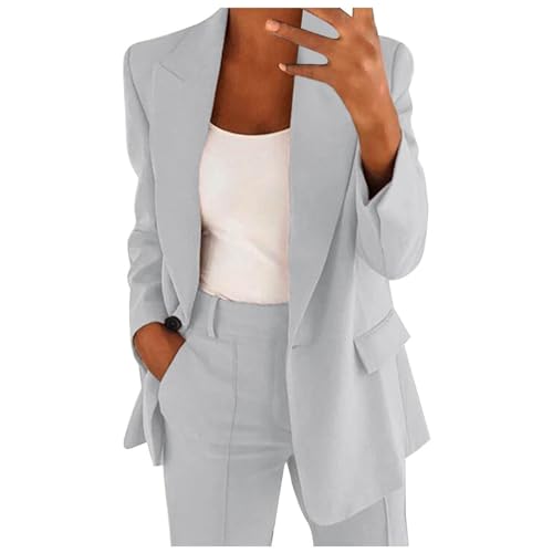 Hosenanzüge für Damen Elegant Blazern Hose Anzuge Set Einfarbig Streetwear Zweiteiler Hosenanzug Business Modern Anzughose Rever Slim Fit Sportlich Büro Outfit Anzugjacke Sommer (05-Grey, L)