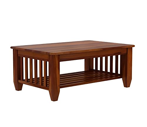 Image of Douceur Furnitures Solid Sheesham Wood 5 Seater Sofa | Five Seater Sofa Set with Coffee Table for Living Room, Cafe, Office | (Honey Teak Cushion Sky Blue)