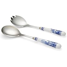Spode Blue Italian Collection Salad Servers | 2 Piece Spoon and Fork Set | 10 Inch | Blue and White | Made of Porcelain and Stainless Steel | Italian Countryside Design