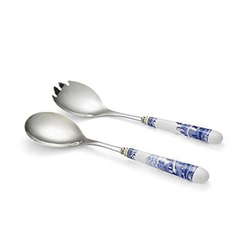 Spode Blue Italian Salad Servers Set - 10 Inch Spoon & Fork Serving Utensils Duo with Porcelain Handles and Stainless Steel Head