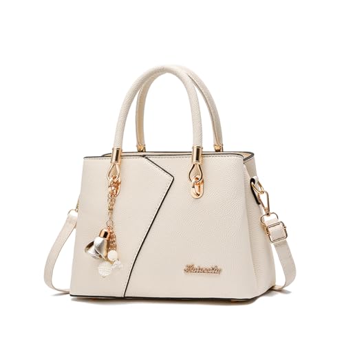FANDARE Mujer Bolso Bandolera Multibolsillos Shoppers y Bolsos de Hombro PU Cuero Bolso Cruzados Impermeable Bolsa de Mano Forma V Bolso para Viajes Compras Trabajo Citas Beige