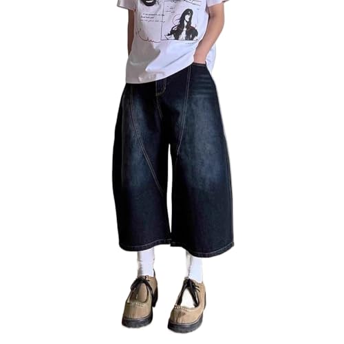 Retro deep Blue Embroidered Curved Knife Denim Multifunctional Wide Leg Cropped Pants Suitable Men Women Summer