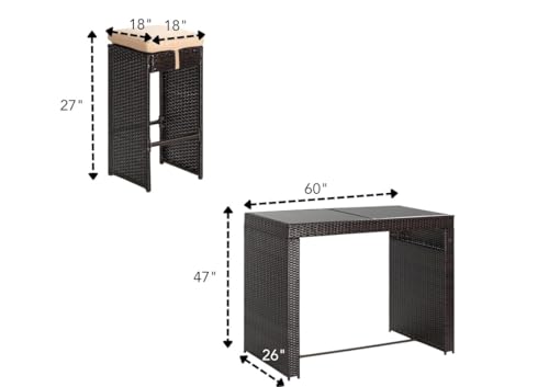 Image of OUTLIVING Patio Rattan Wicker Bar Table with Glass Top and 6 Cushioned Stools | Multipurpose 6 Seater Outdoor Bar Set Furniture for Porch, Home, Garden, Backyard, and Lawn (Brown-Cream)