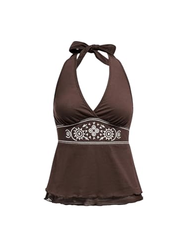 SOLY HUX Women's Y2K Halter Crop Top Floral Deep V Neck Tie Back Tank Tops Sleeveless Going Out Flowy Shirts