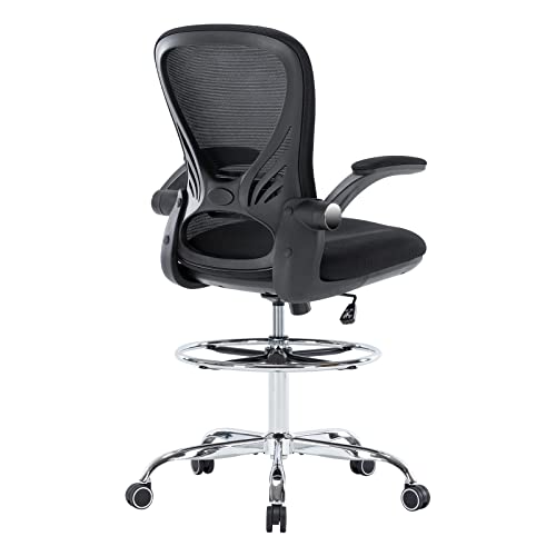 Hramk Drafting Chair, Tall Office Chair with Flip-up Arms, Mid Back Standing Desk Chair with Adjustable Foot Rest (Metal Base, Black) Hramk Drafting Chair, Tall Office Chair with Flip-up Arms, Mid Back Standing Desk Chair with Adjustable Foot Rest (Metal Base, Black)