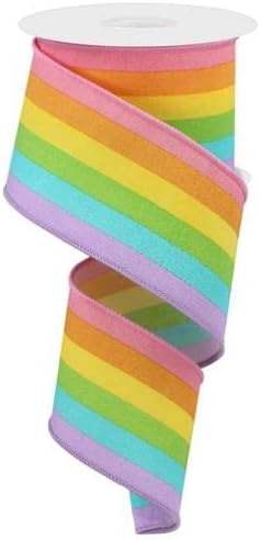 Rainbow Vertical Stripe Canvas Wired Edge Ribbon - 10 yards (2.5 Inch, Pastel Multi)