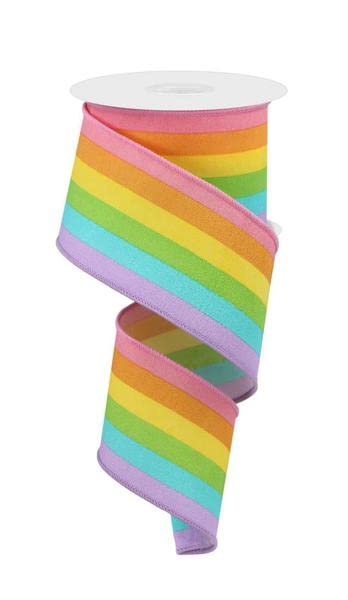 Rainbow Vertical Stripe Canvas Wired Edge Ribbon - 10 Yards (2.5 Inch, Pastel Multi)