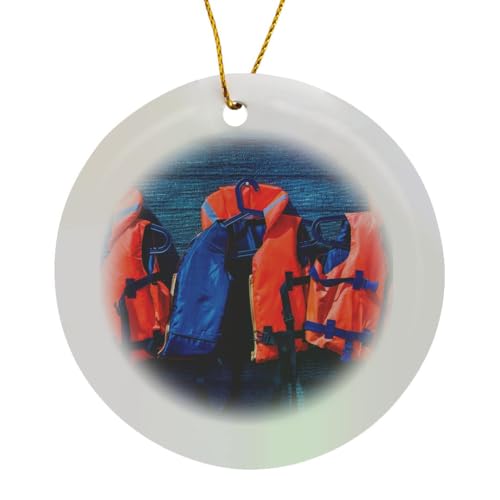 3dRose Water Safety goes First. Orange Life Saving Jackets on a Blue Wall Circle Porcelain Ornament